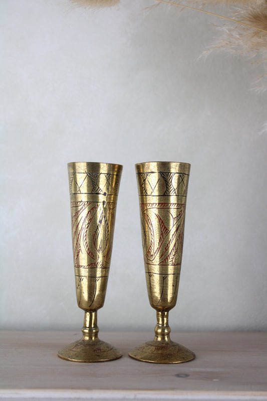 Pair of Brass Engraved Chalices Vases