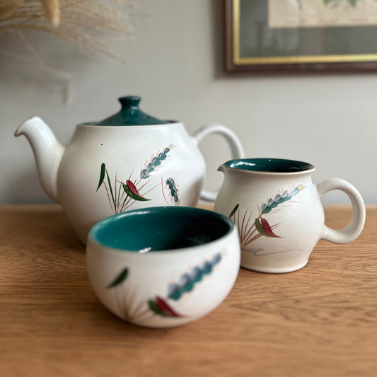 Denby Greenwheat Teapot, Milk Jug and Sugar Bowl