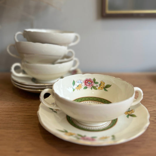 Set of 4 Royal Cauldon 'Ludlow' Vintage Soup Bowls with Handles and Saucers