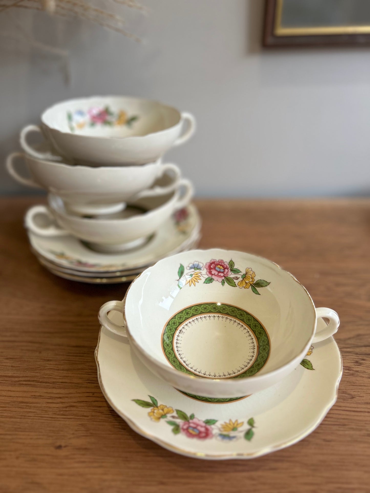 Set of 4 Royal Cauldon 'Ludlow' Vintage Soup Bowls with Handles and Saucers