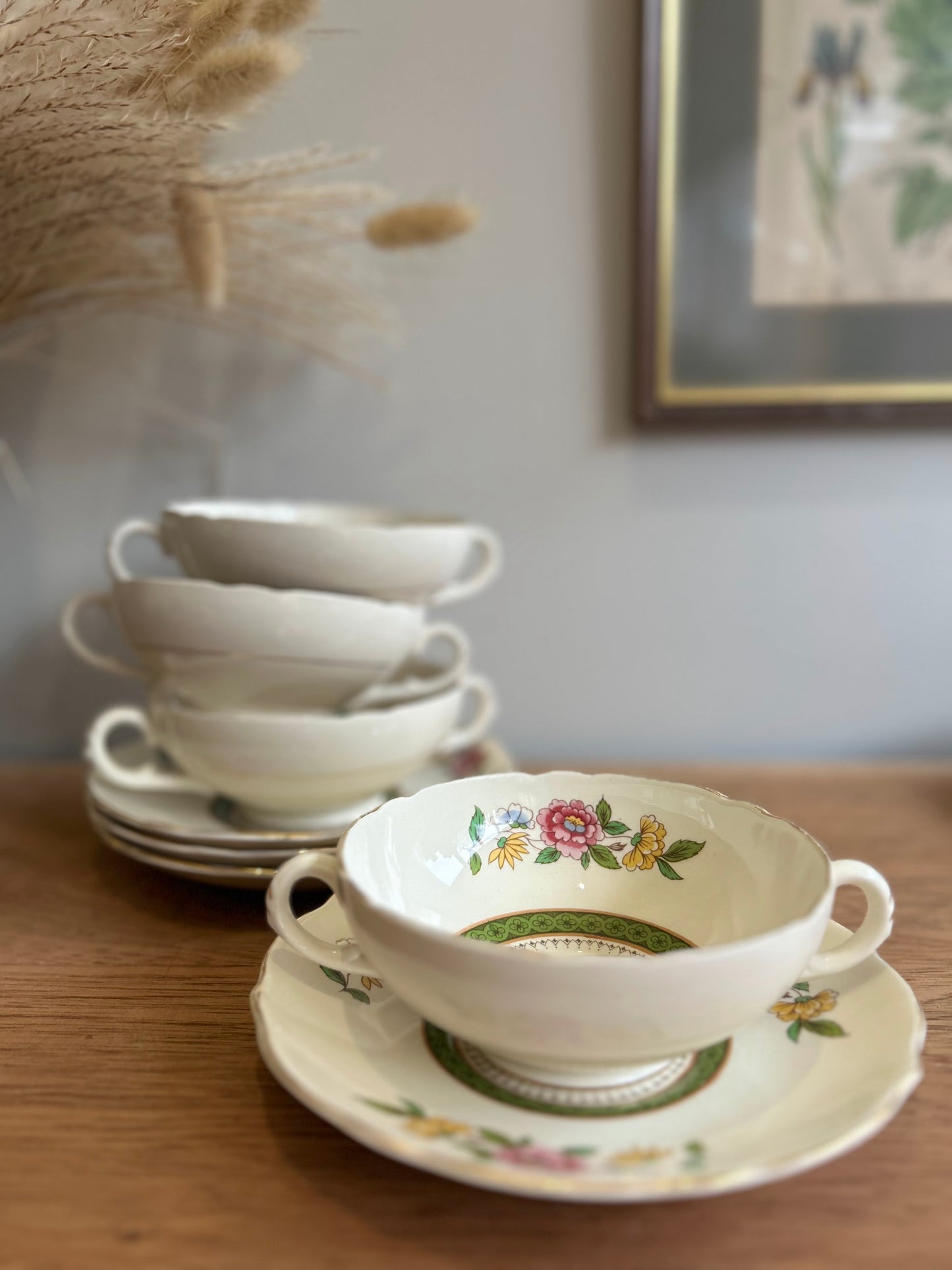 Set of 4 Royal Cauldon 'Ludlow' Vintage Soup Bowls with Handles and Saucers