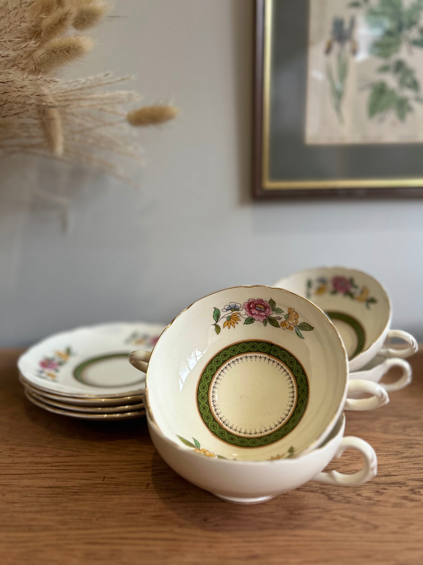 Set of 4 Royal Cauldon 'Ludlow' Vintage Soup Bowls with Handles and Saucers