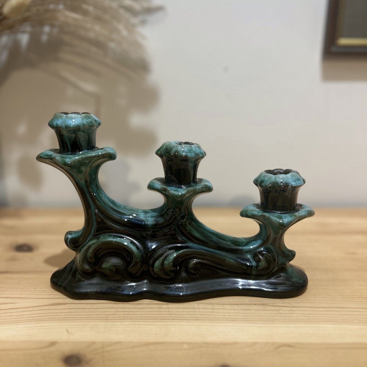 Blue Mountain Green Drip Glaze Vintage Candlestick