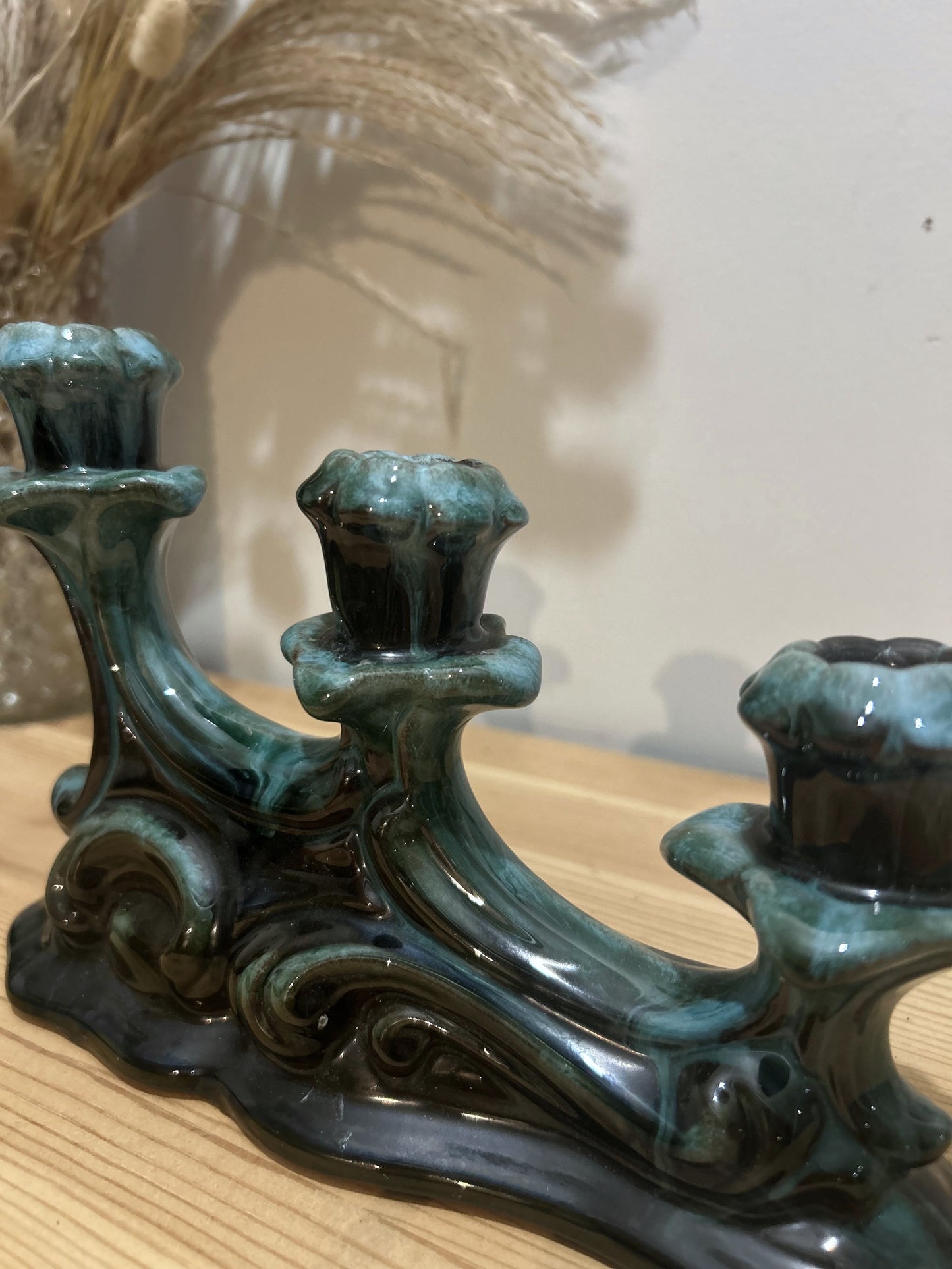 Blue Mountain Green Drip Glaze Vintage Candlestick