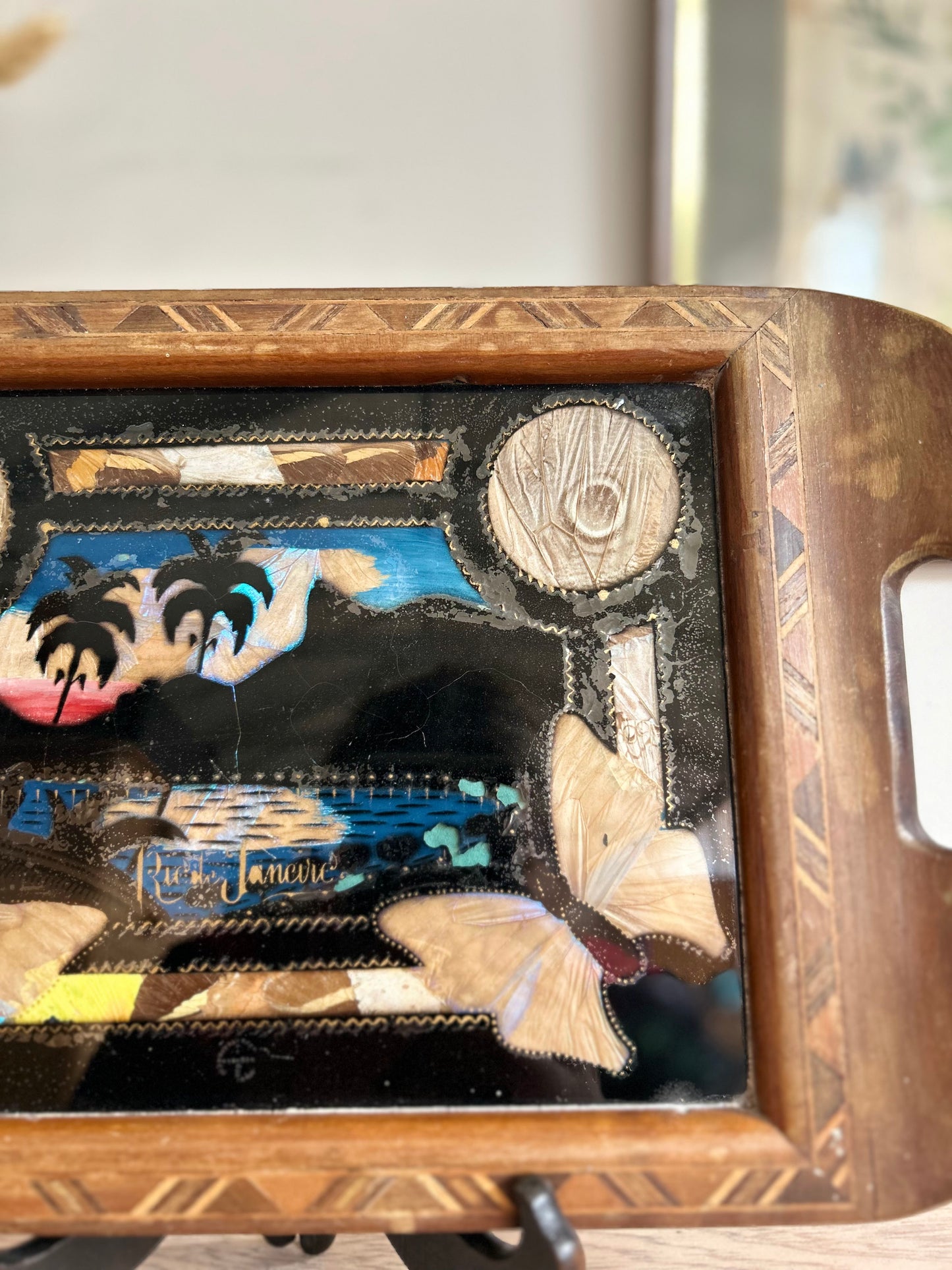 Wooden Inlay and Butterfly Wing Decorated Reverse Tray