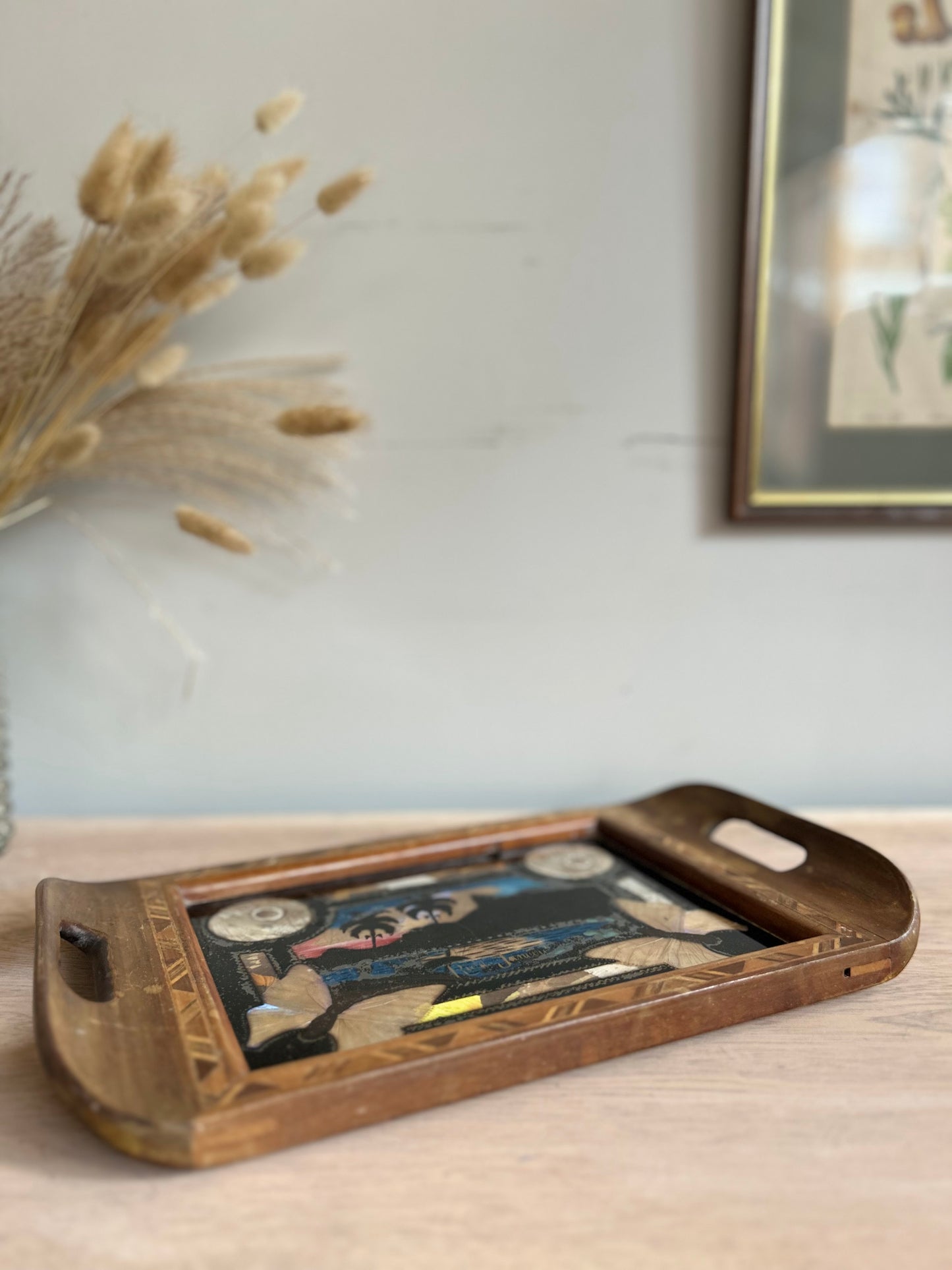 Wooden Inlay and Butterfly Wing Decorated Reverse Tray