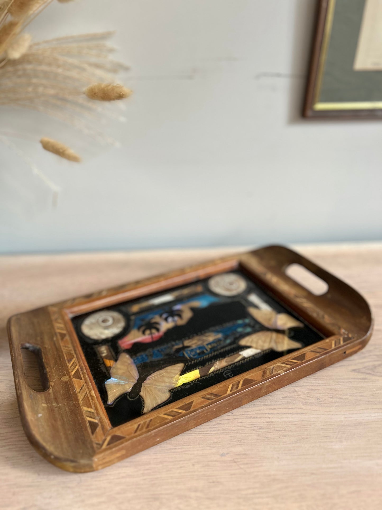 Wooden Inlay and Butterfly Wing Decorated Reverse Tray