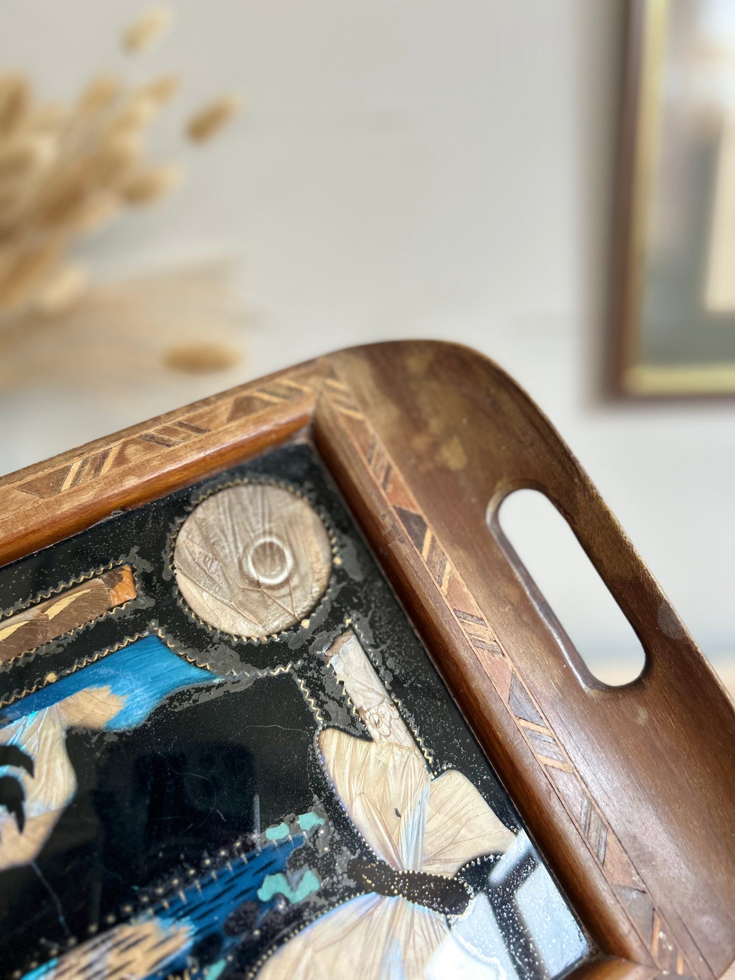 Wooden Inlay and Butterfly Wing Decorated Reverse Tray