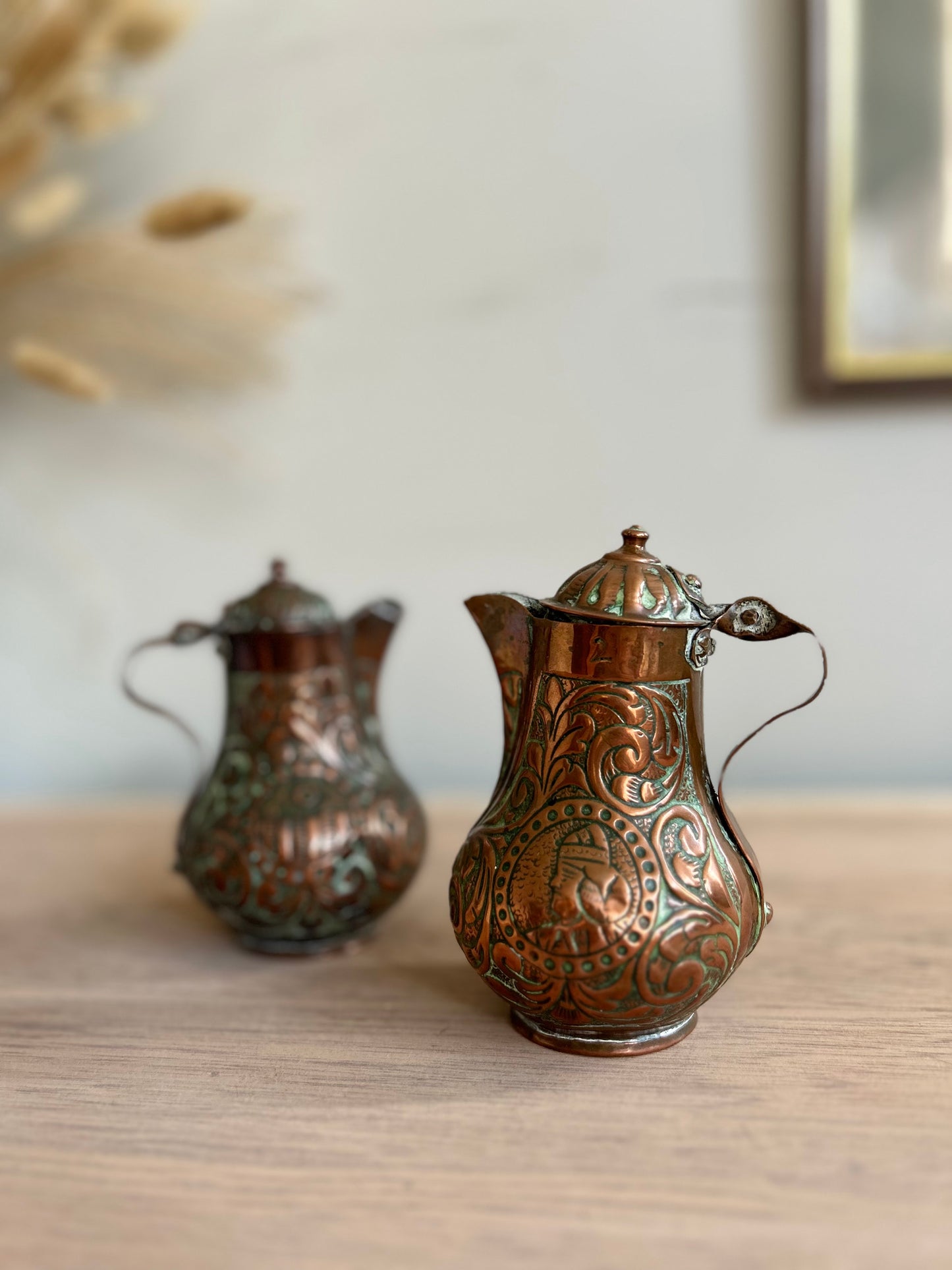 Small Copper Pitchers with Lids and Spouts