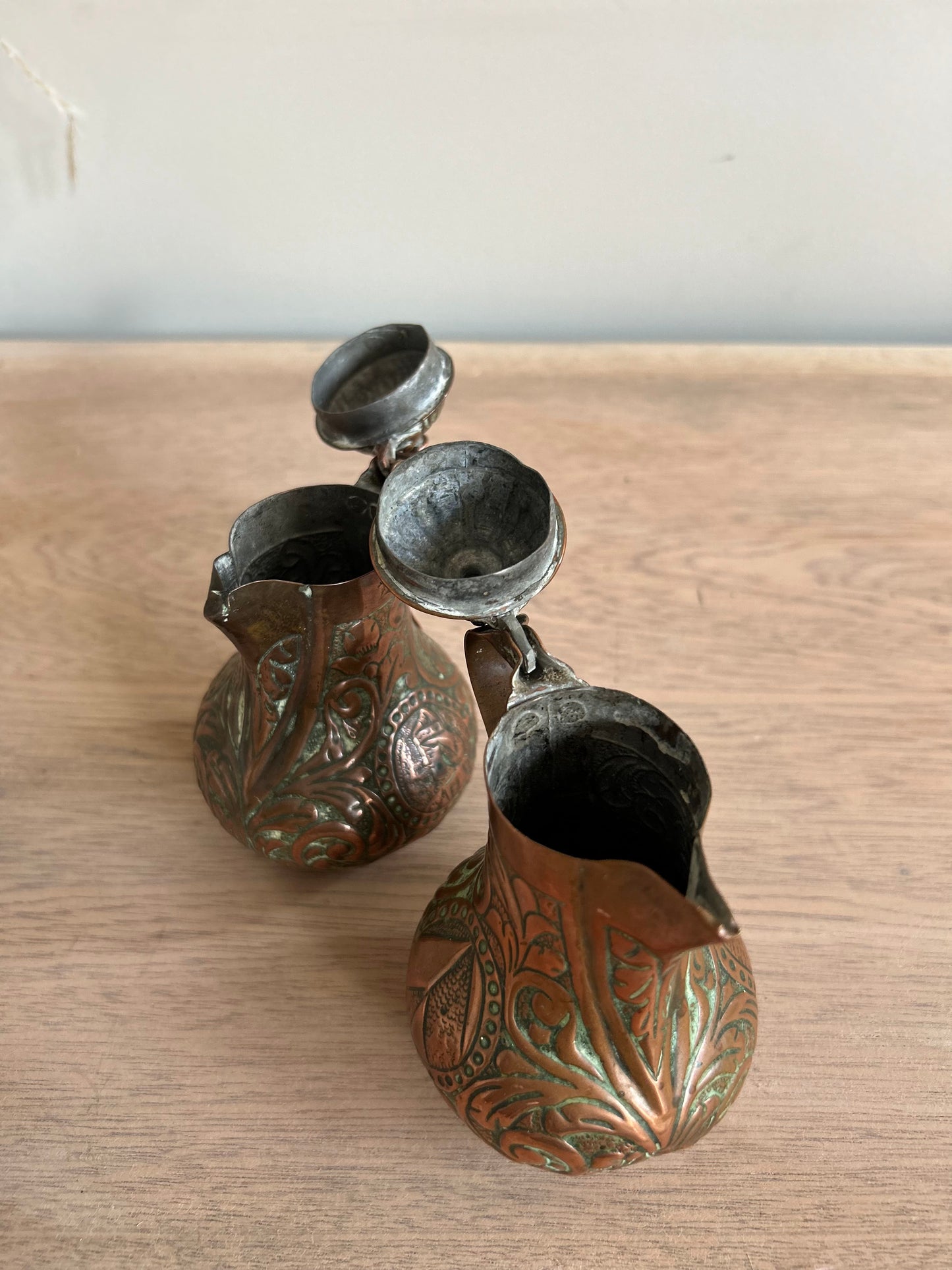 Small Copper Pitchers with Lids and Spouts