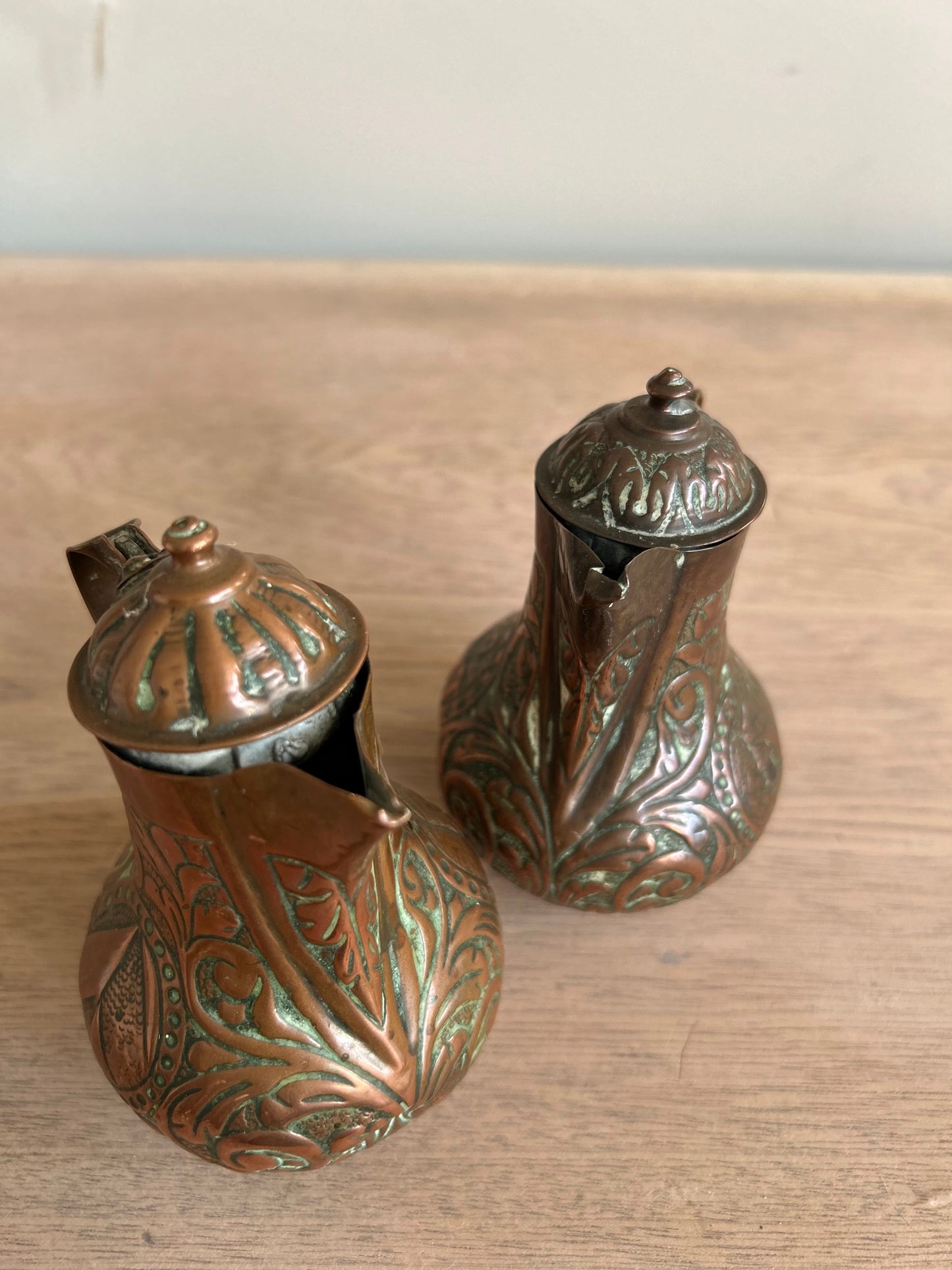 Small Copper Pitchers with Lids and Spouts