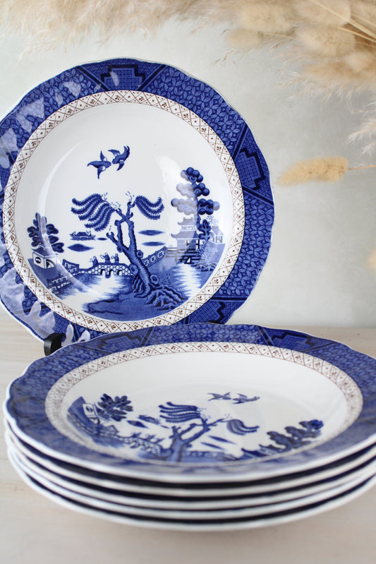 Set of 6 Royal Daulton Old Willow Vintage Pasta Bowls
