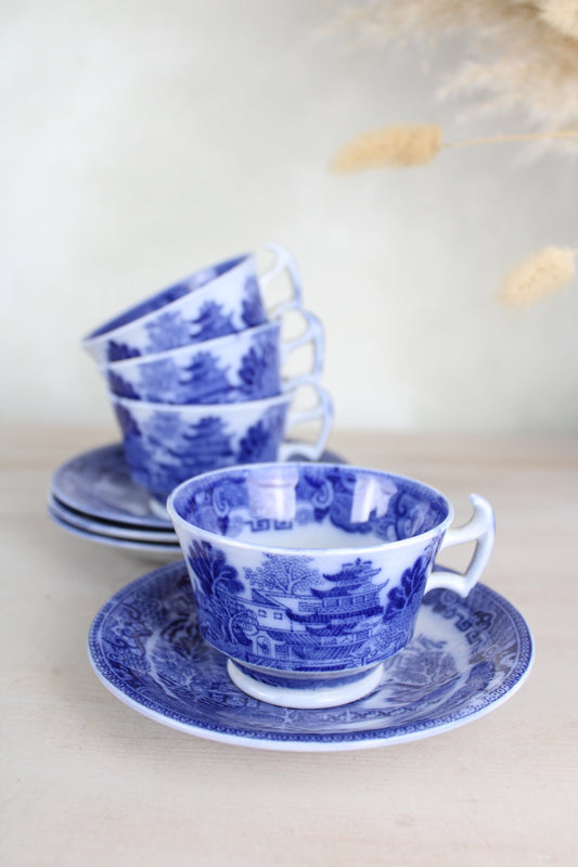 Set of 4 Maling Blue and White Old Willow Teacups and Saucers
