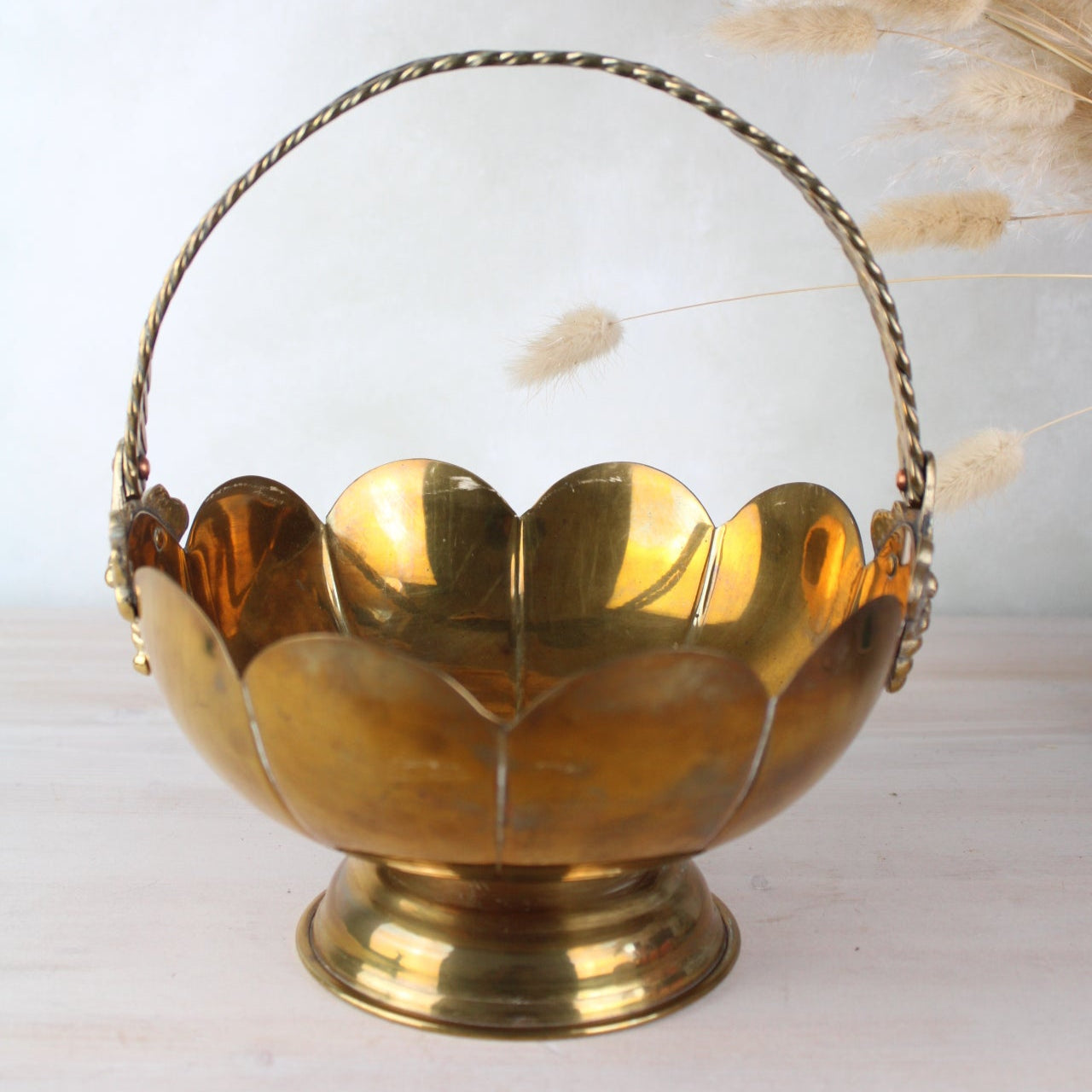 Brass Vintage Scalloped Edge Basket with Handle