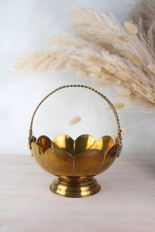 Brass Vintage Scalloped Edge Basket with Handle