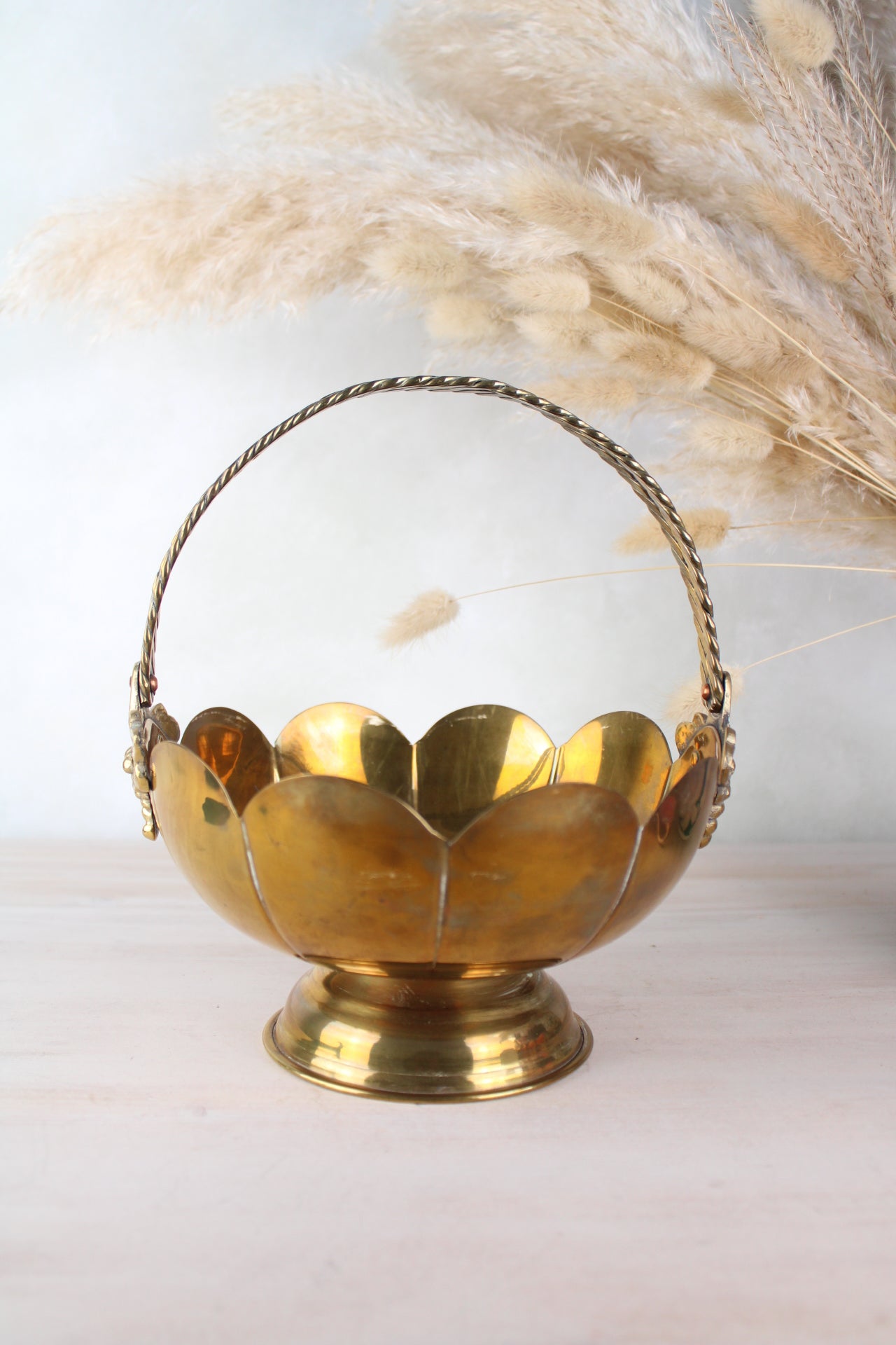 Brass Vintage Scalloped Edge Basket with Handle