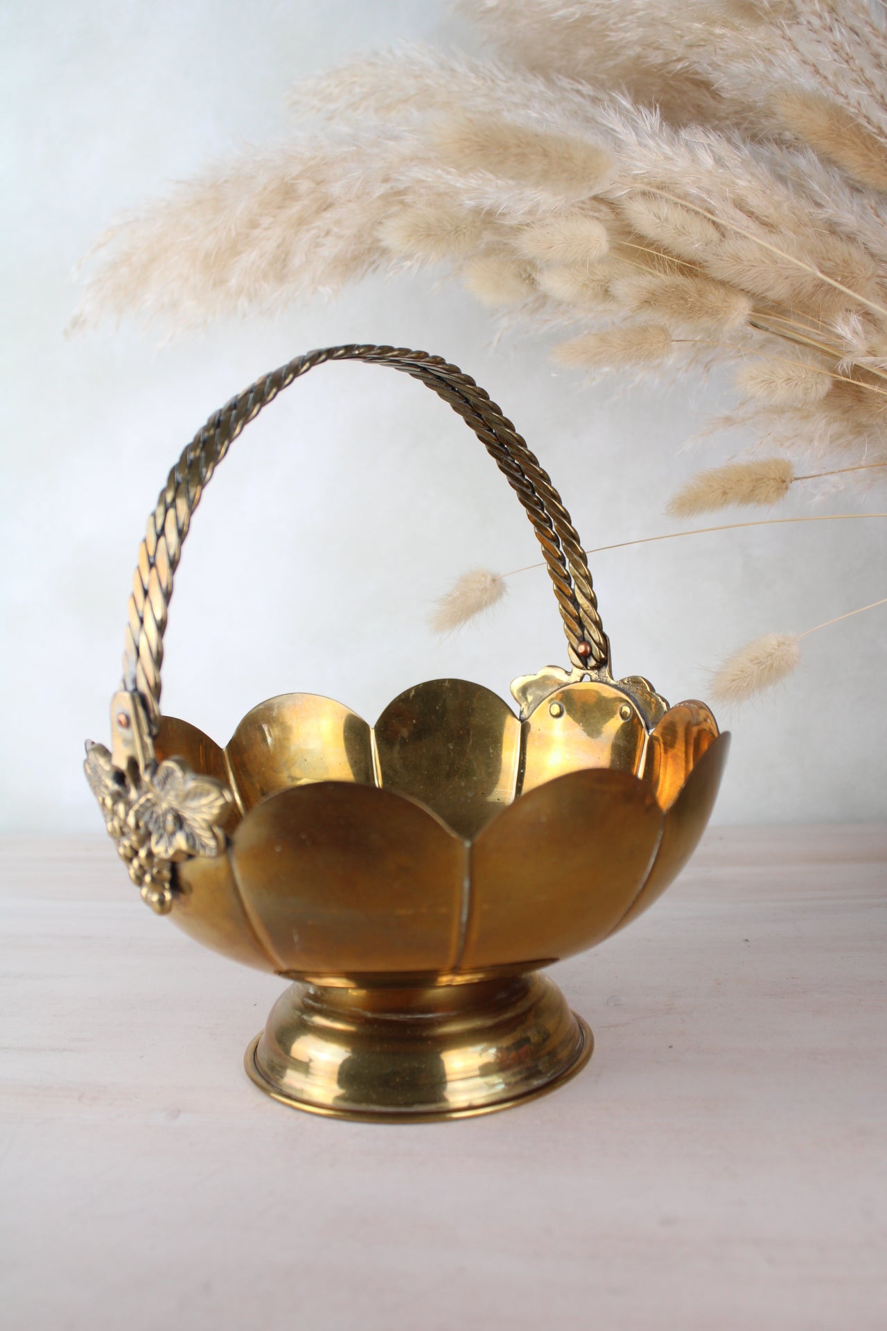 Brass Vintage Scalloped Edge Basket with Handle