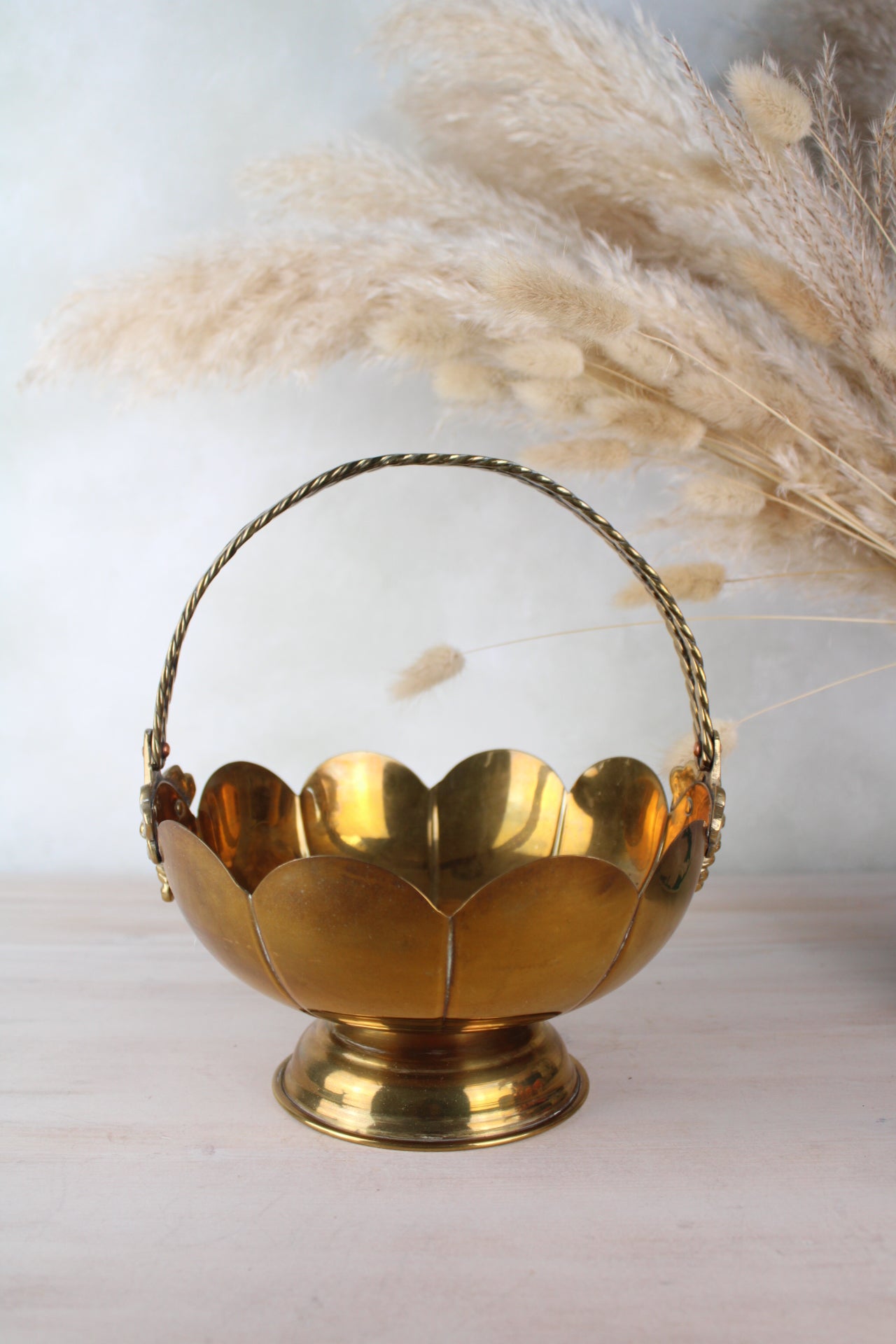 Brass Vintage Scalloped Edge Basket with Handle