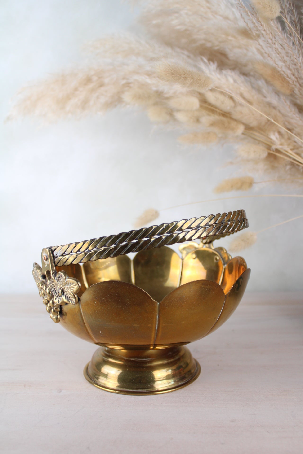 Brass Vintage Scalloped Edge Basket with Handle