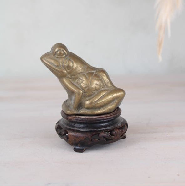 Brass Frog Figurine on a Wooden Base