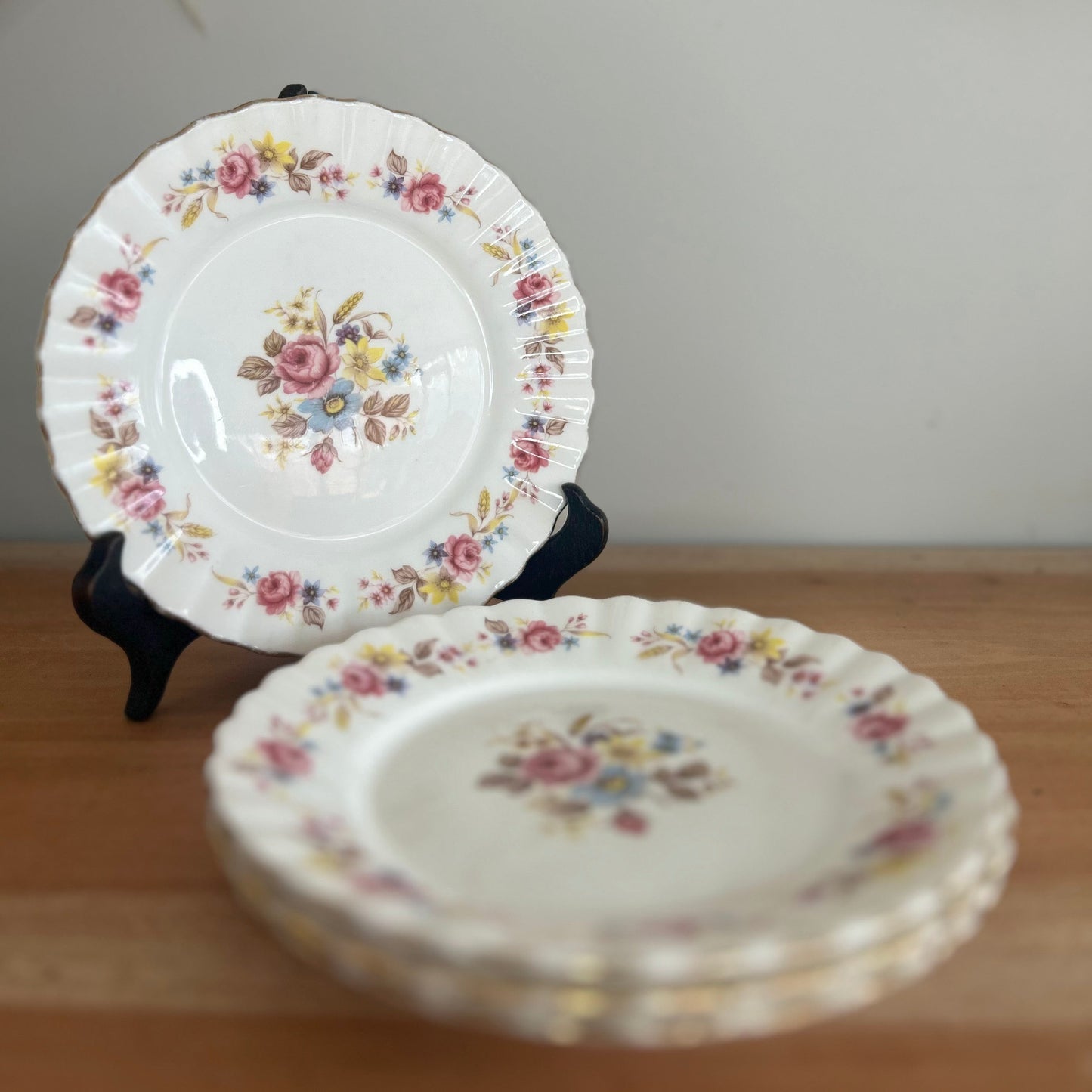 Set of 4 Vintage HT Fine Bone China Floral Pink Side Plates