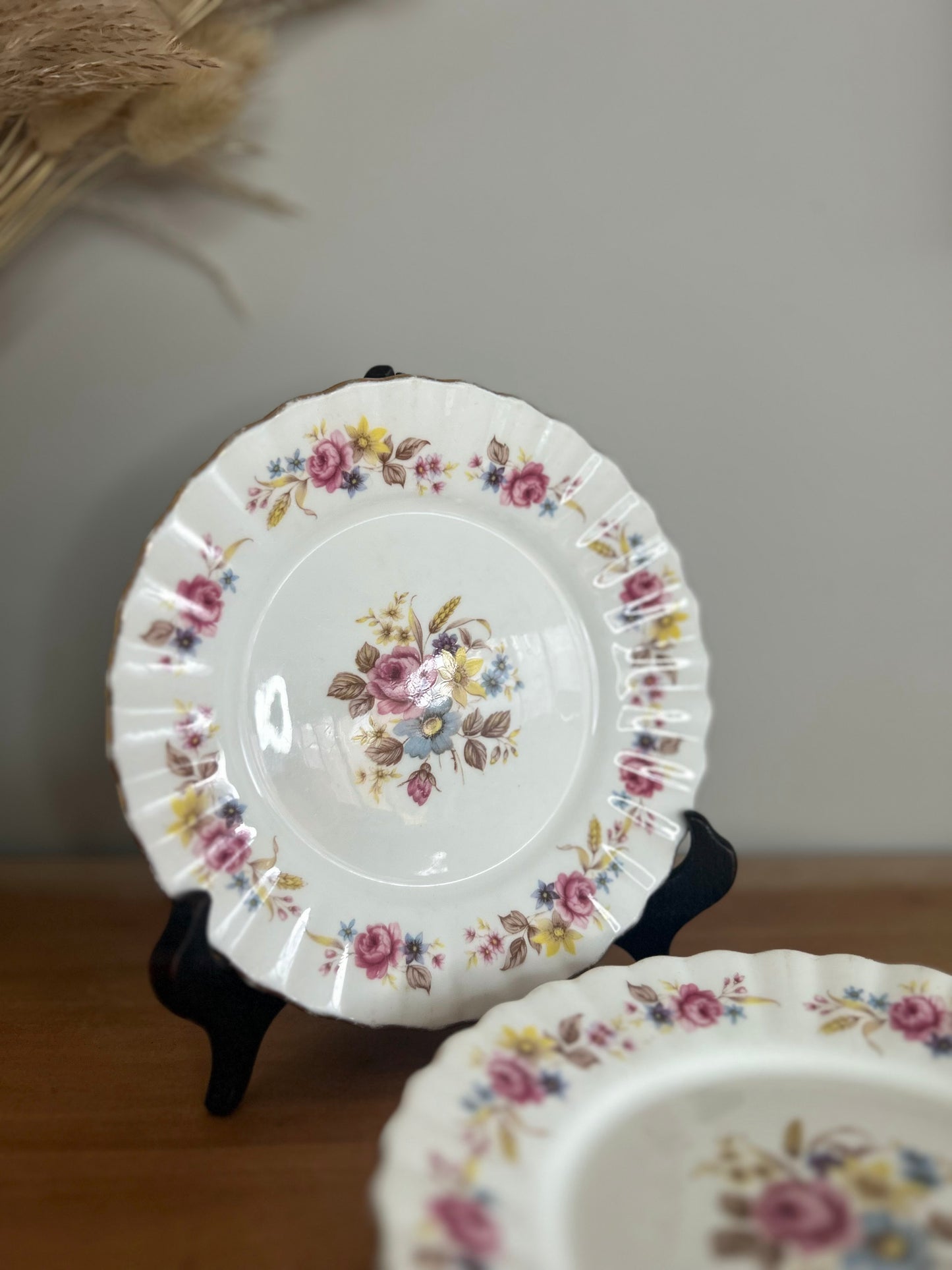 Set of 4 Vintage HT Fine Bone China Floral Pink Side Plates