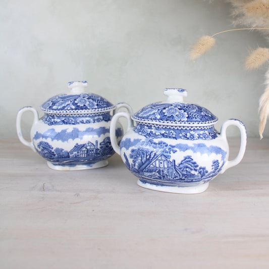 Burslem Woods & Sons Woodland Blue and White Sugar Bowls with Lids
