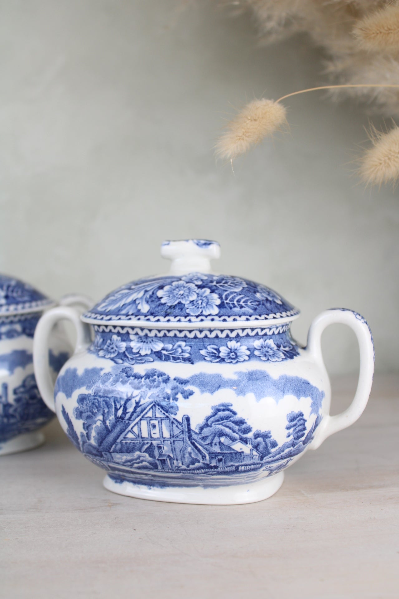 Burslem Woods & Sons Woodland Blue and White Sugar Bowls with Lids