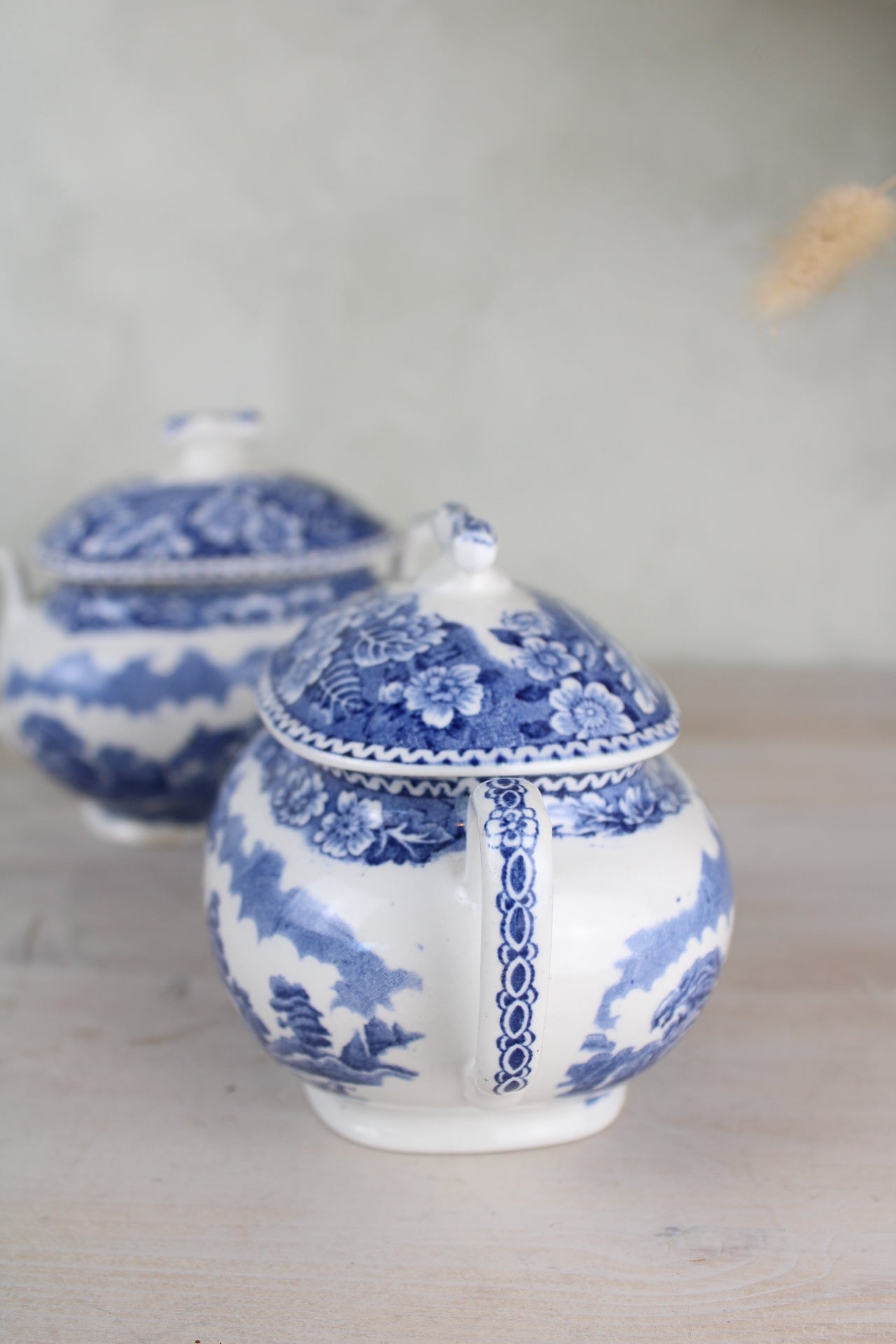 Burslem Woods & Sons Woodland Blue and White Sugar Bowls with Lids