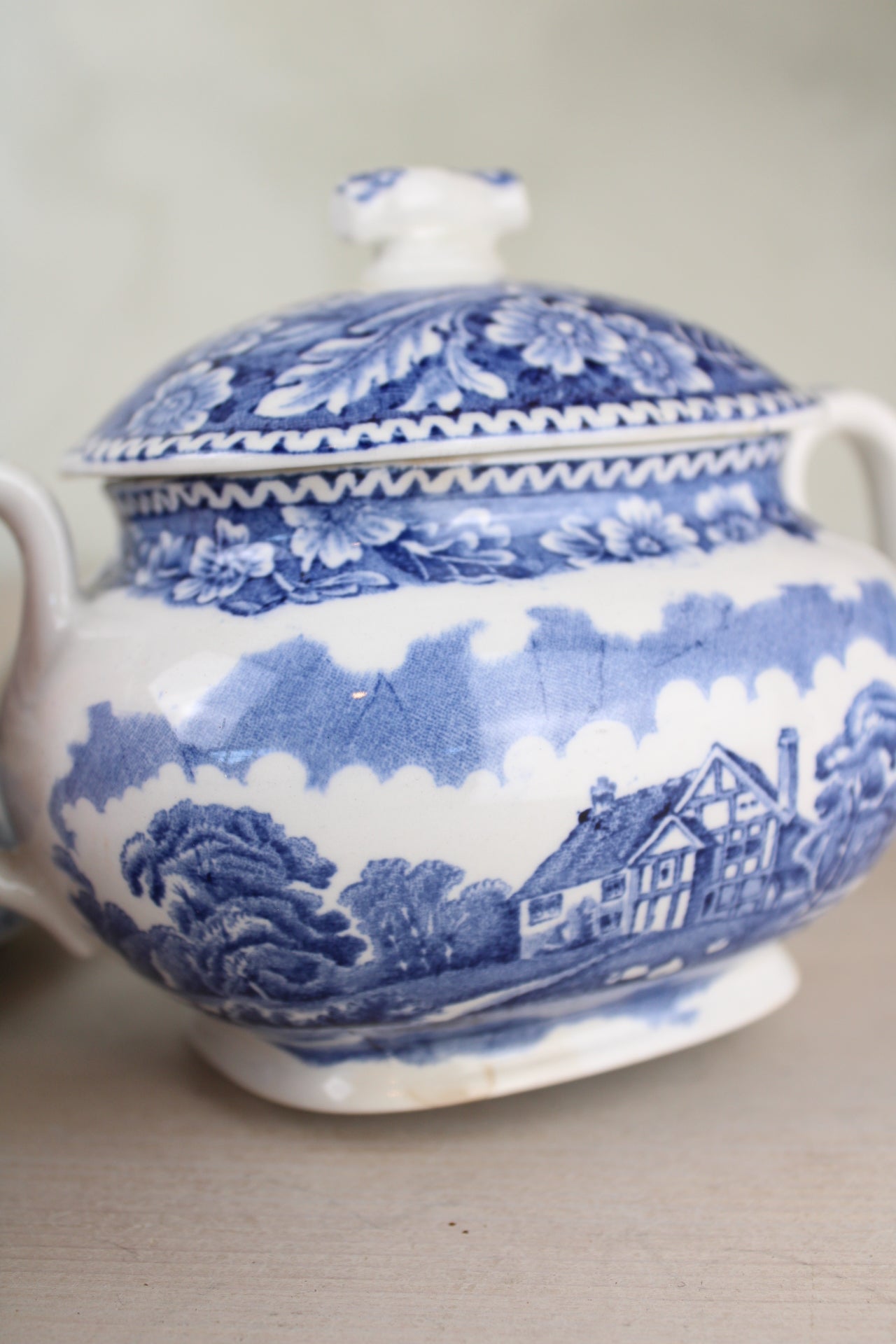 Burslem Woods & Sons Woodland Blue and White Sugar Bowls with Lids