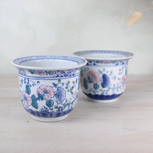 Pair of Blue and White Vintage Plant Pots