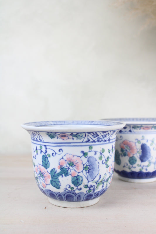 Pair of Blue and White Vintage Plant Pots