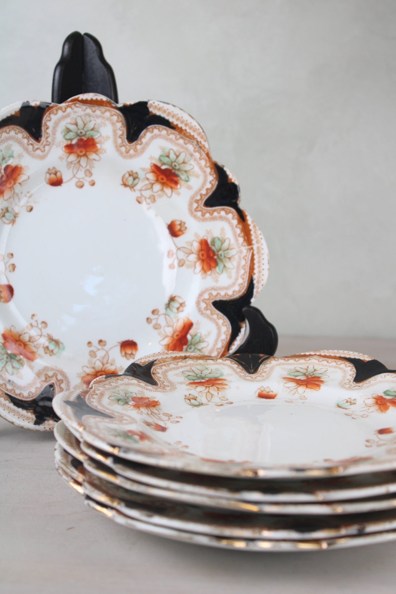 Set of 6 Orange and Black Vintage Side Plates