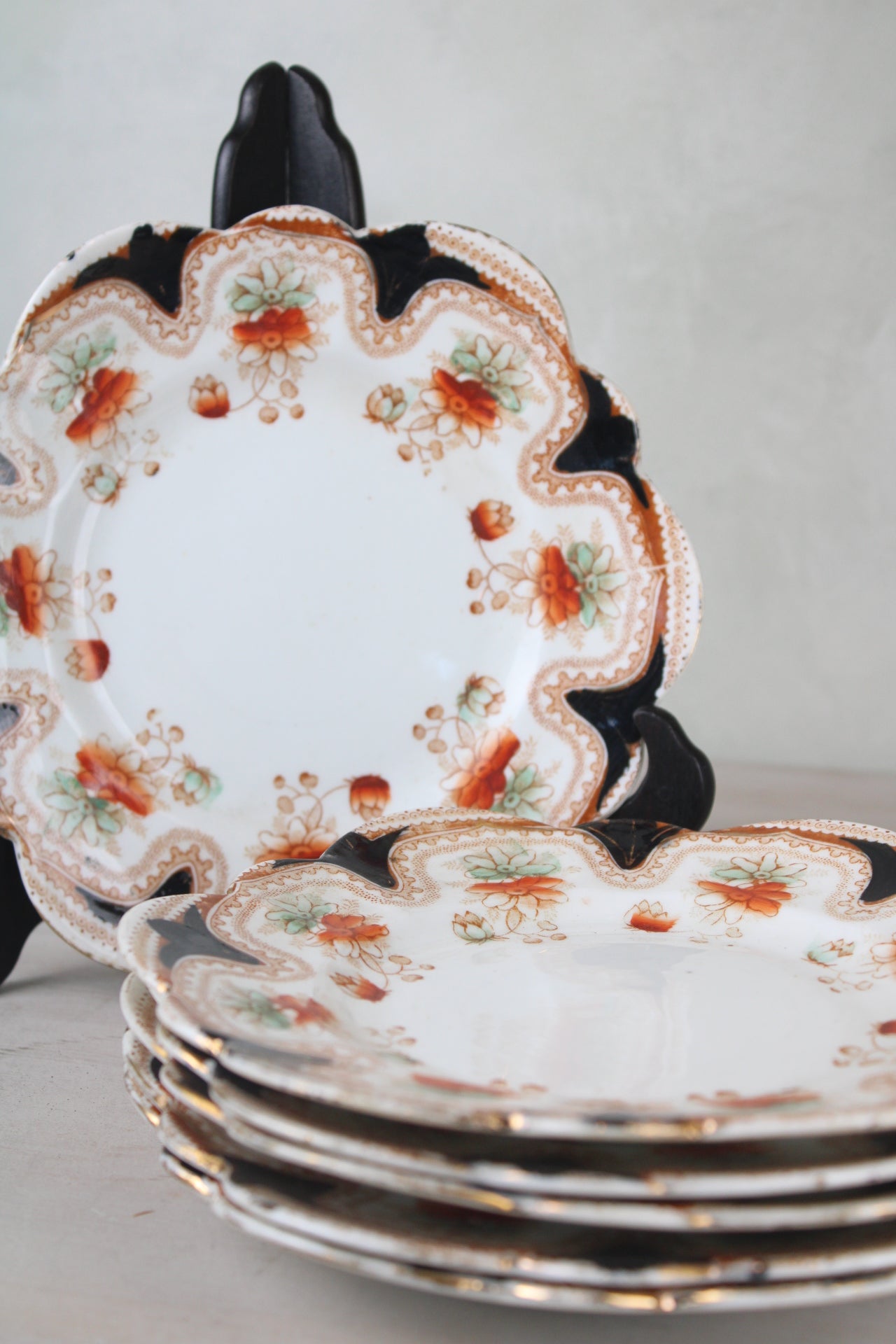 Set of 6 Orange and Black Vintage Side Plates