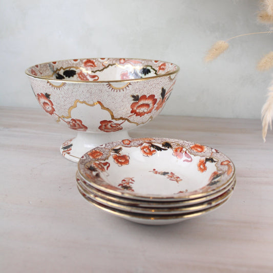 Orange and Black Vintage Dessert Set, of 4 Serving Bowls and a Large Bowl