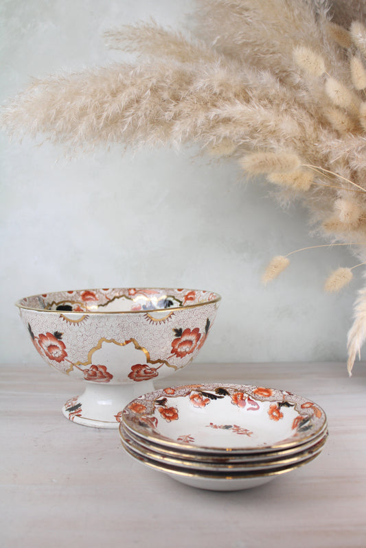 Orange and Black Vintage Dessert Set, of 4 Serving Bowls and a Large Bowl