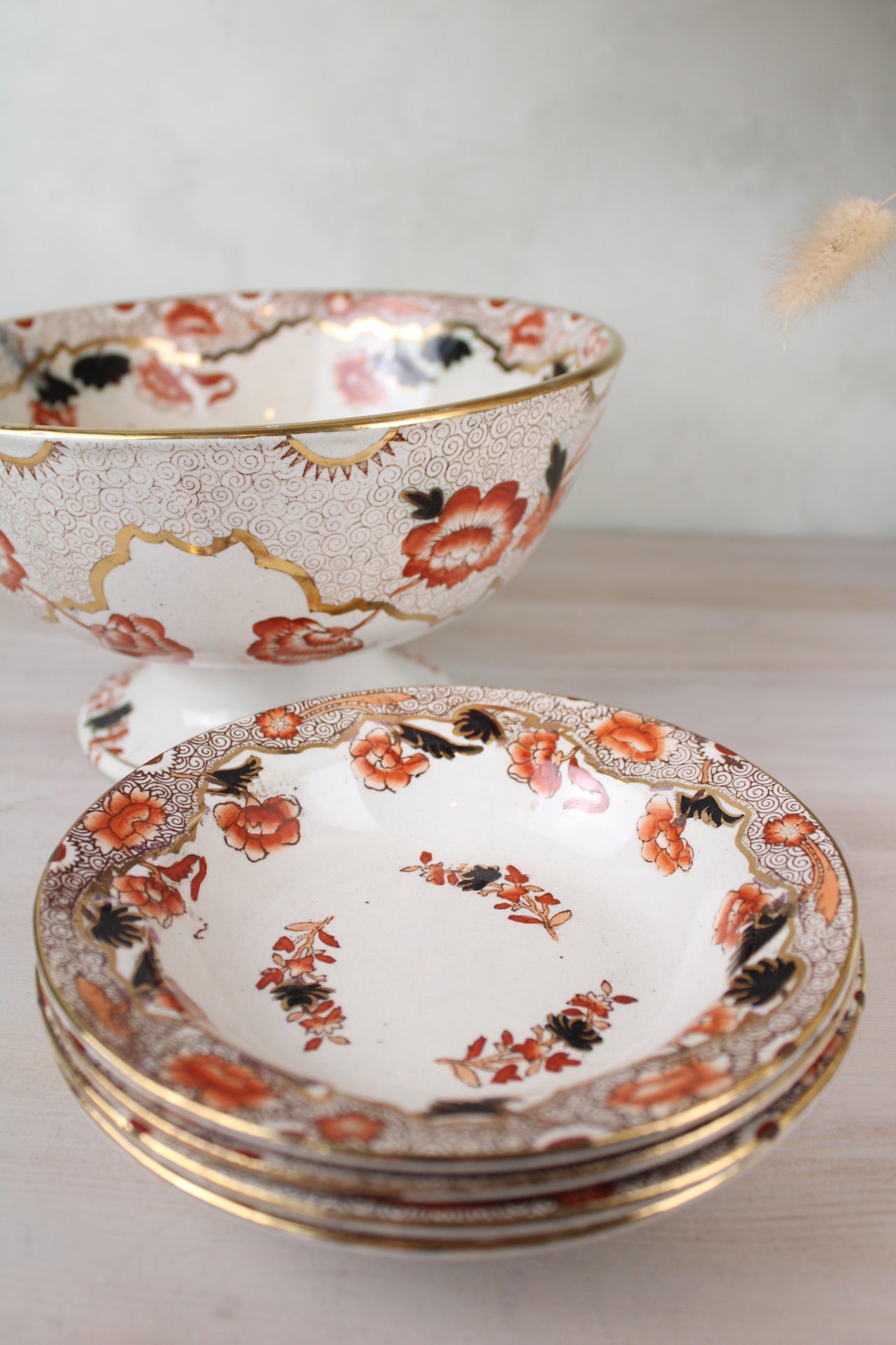 Orange and Black Vintage Dessert Set, of 4 Serving Bowls and a Large Bowl