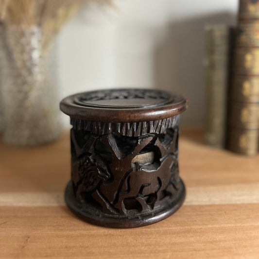 Hand Crafted African Wooden Carved Set of 5 Coasters with Lidded Holder