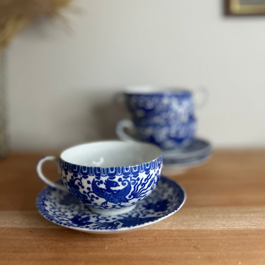 Set of 4 Blue and White Japanese Phoenix Teacups and Saucers