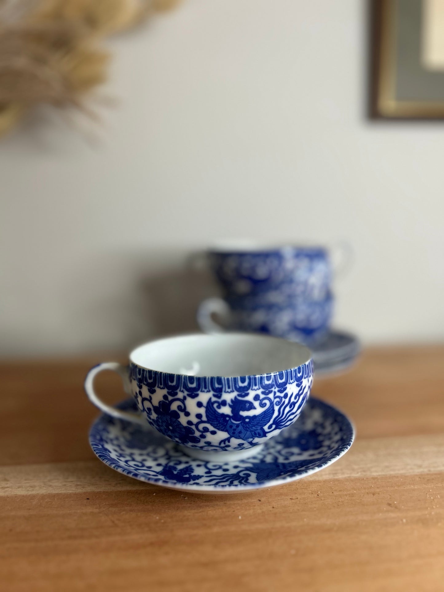 Set of 4 Blue and White Japanese Phoenix Teacups and Saucers