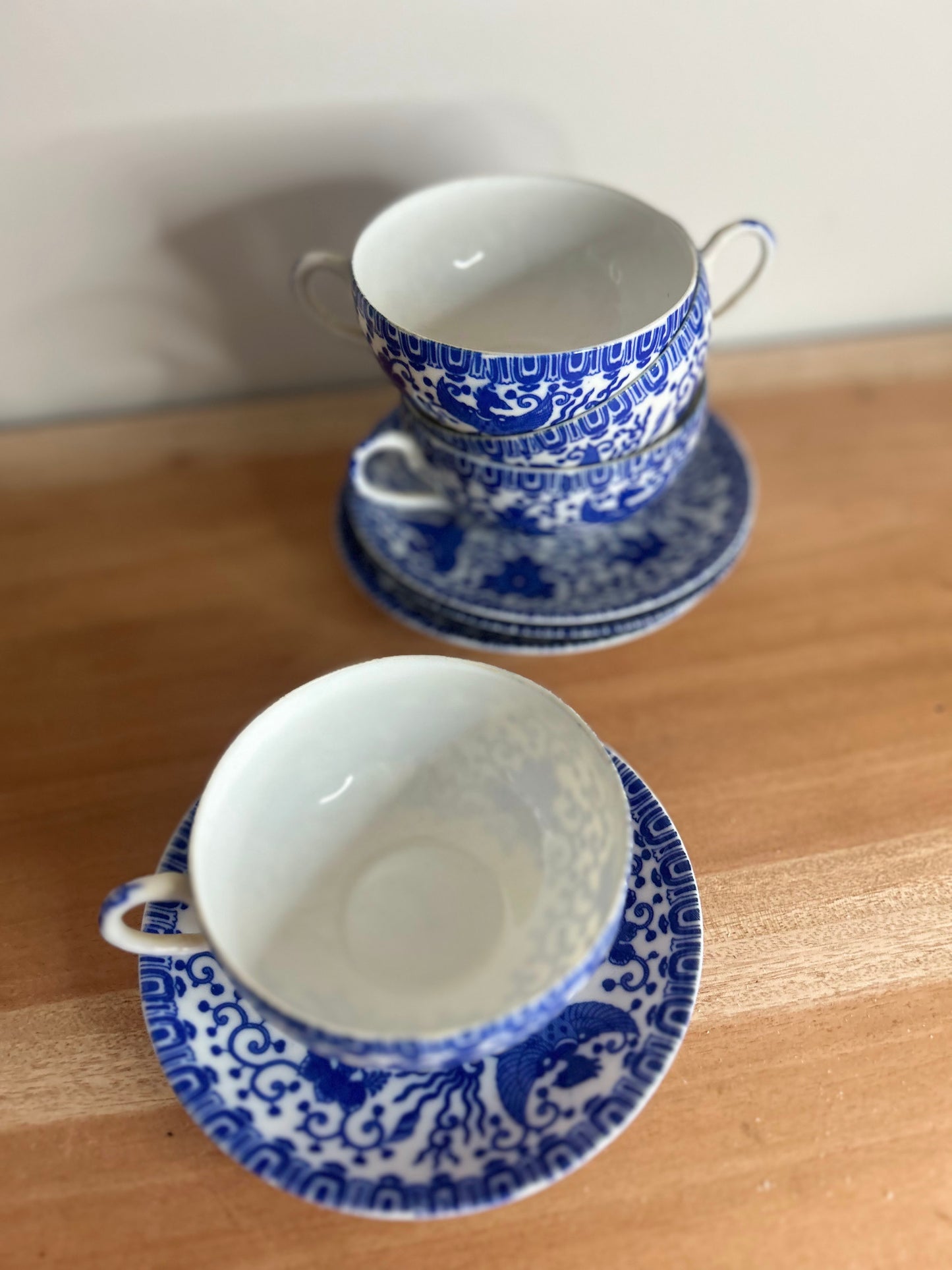 Set of 4 Blue and White Japanese Phoenix Teacups and Saucers