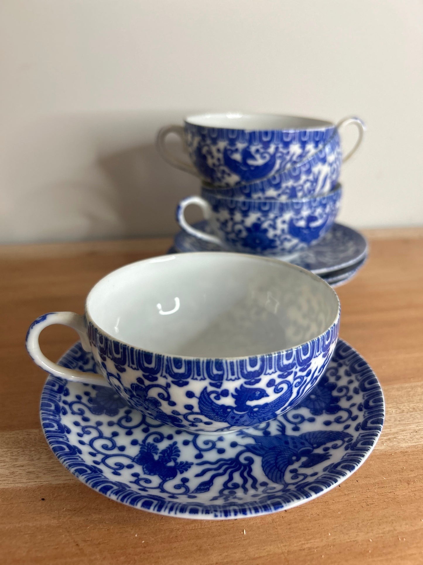 Set of 4 Blue and White Japanese Phoenix Teacups and Saucers