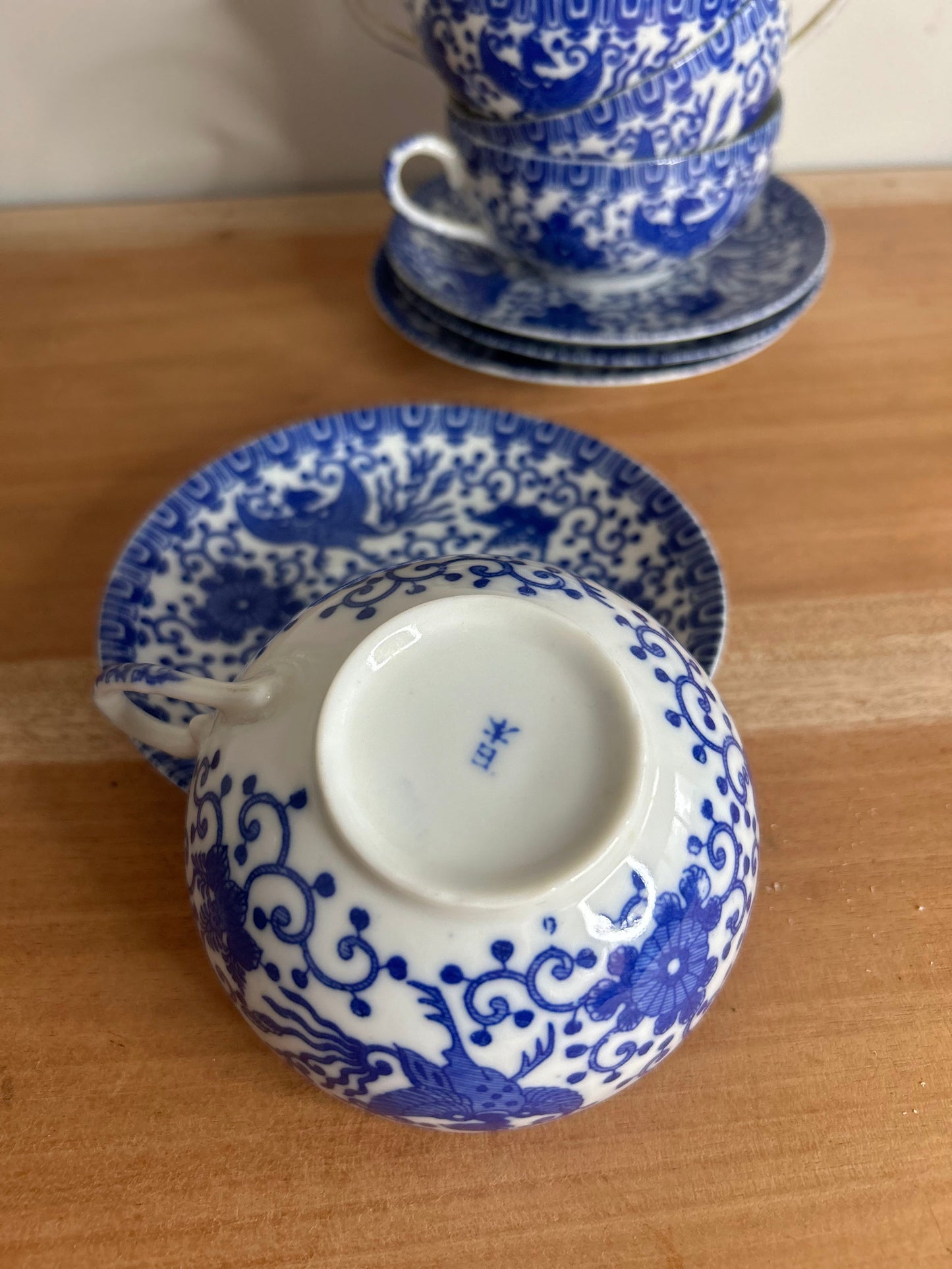 Set of 4 Blue and White Japanese Phoenix Teacups and Saucers