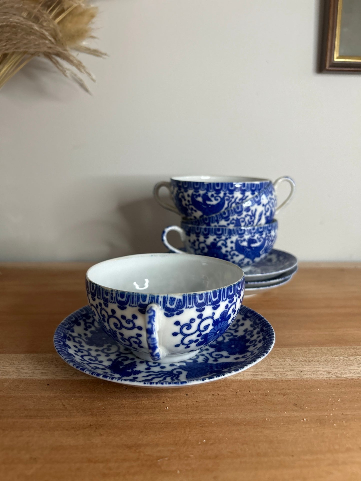 Set of 4 Blue and White Japanese Phoenix Teacups and Saucers