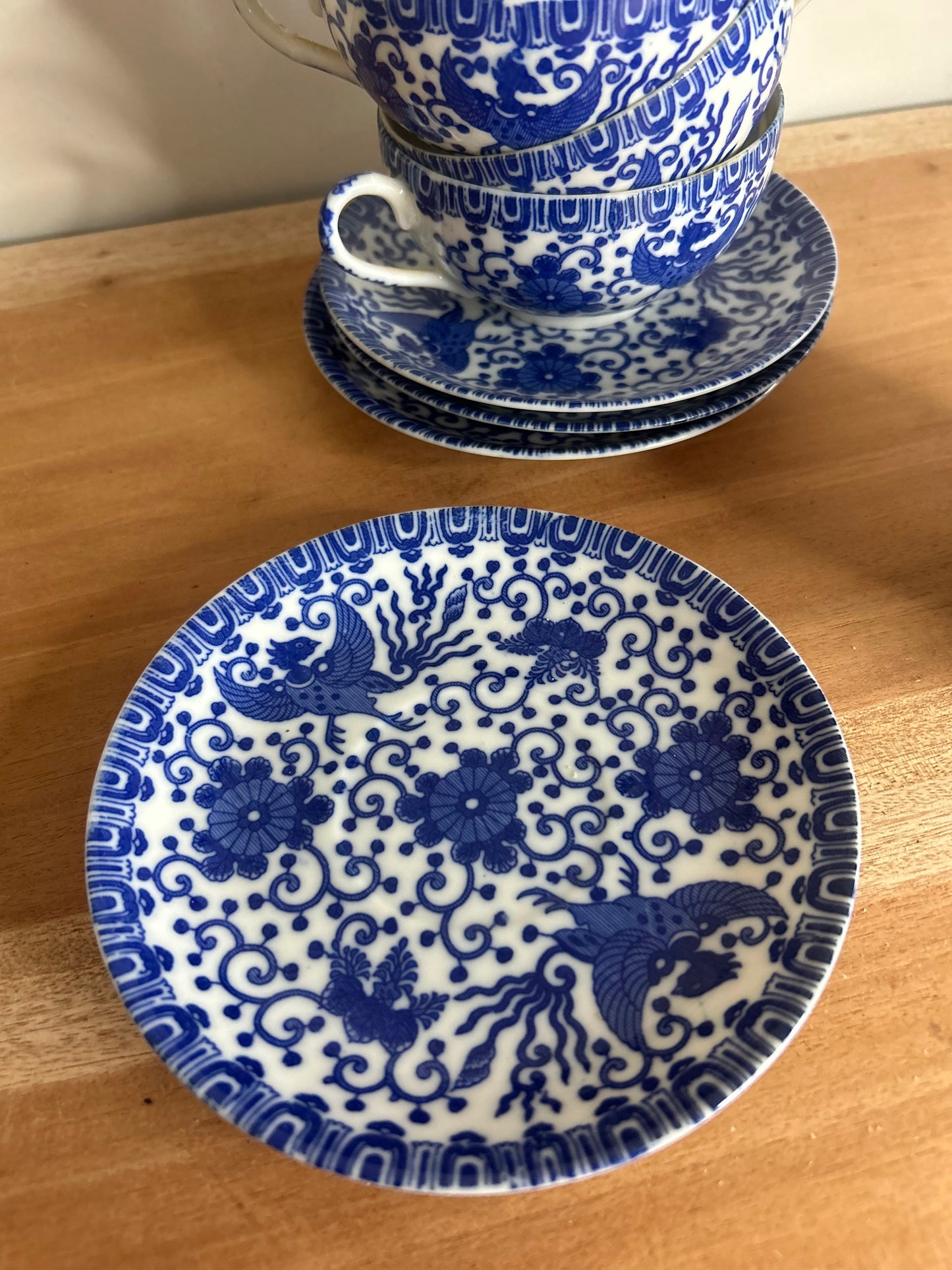 Set of 4 Blue and White Japanese Phoenix Teacups and Saucers