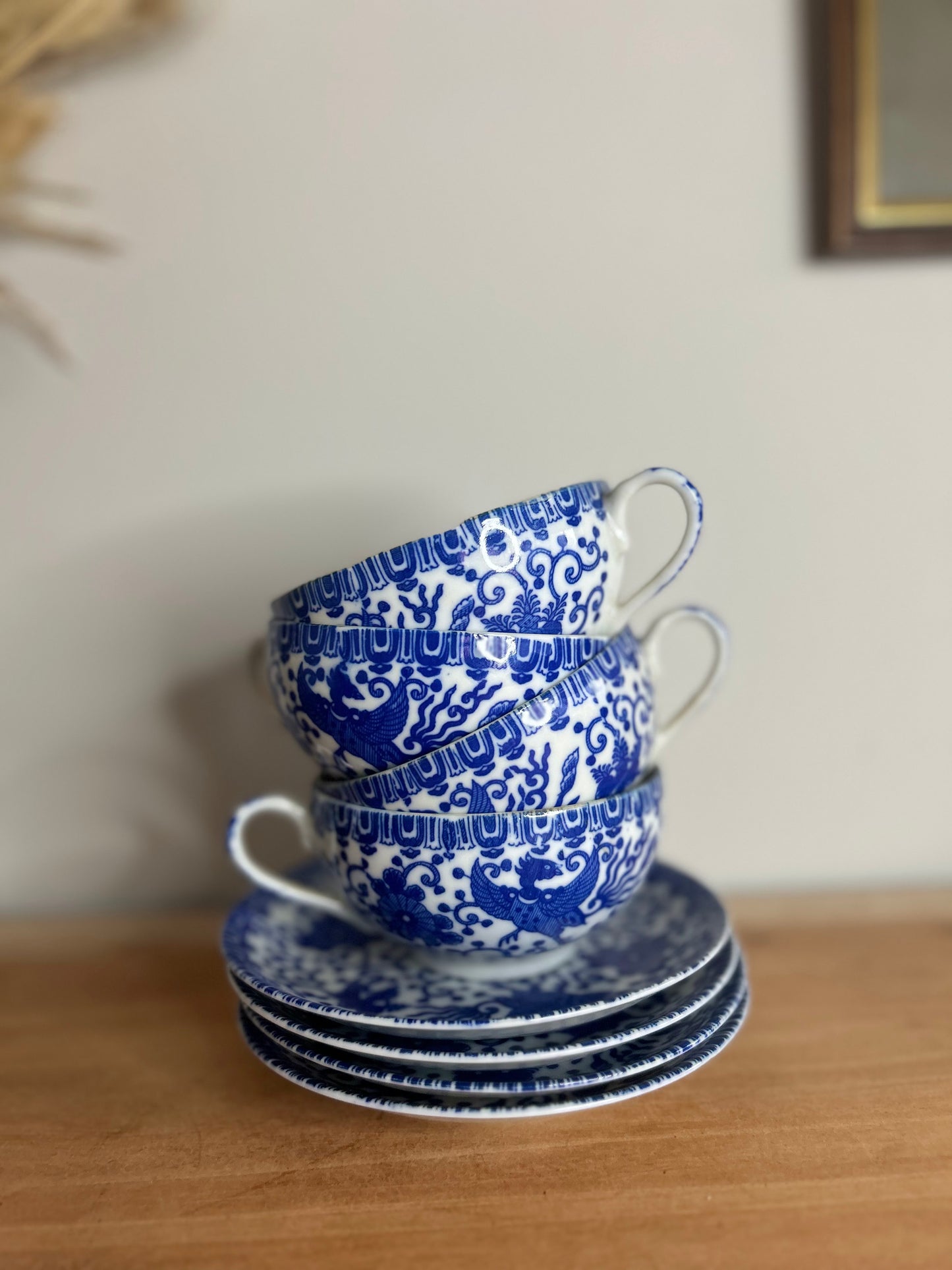 Set of 4 Blue and White Japanese Phoenix Teacups and Saucers