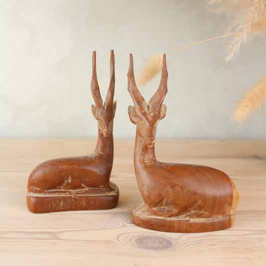 Pair of Sitting Wooden Stags