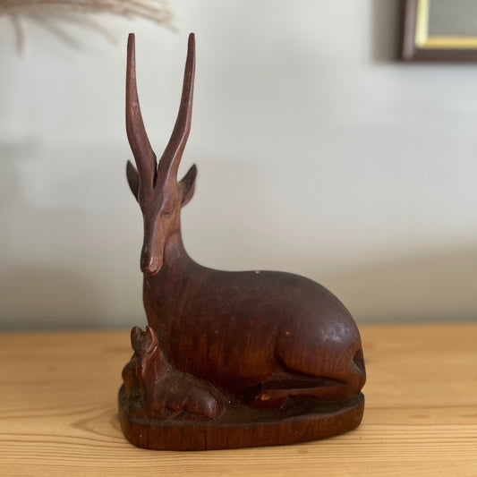 Wooden Stag Gazelle Mother with Baby Figurine