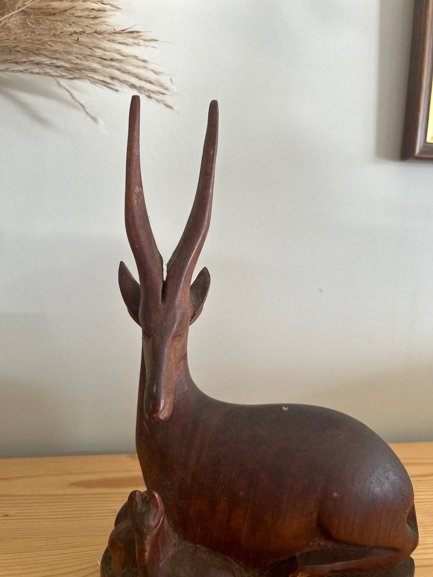 Wooden Stag Gazelle Mother with Baby Figurine