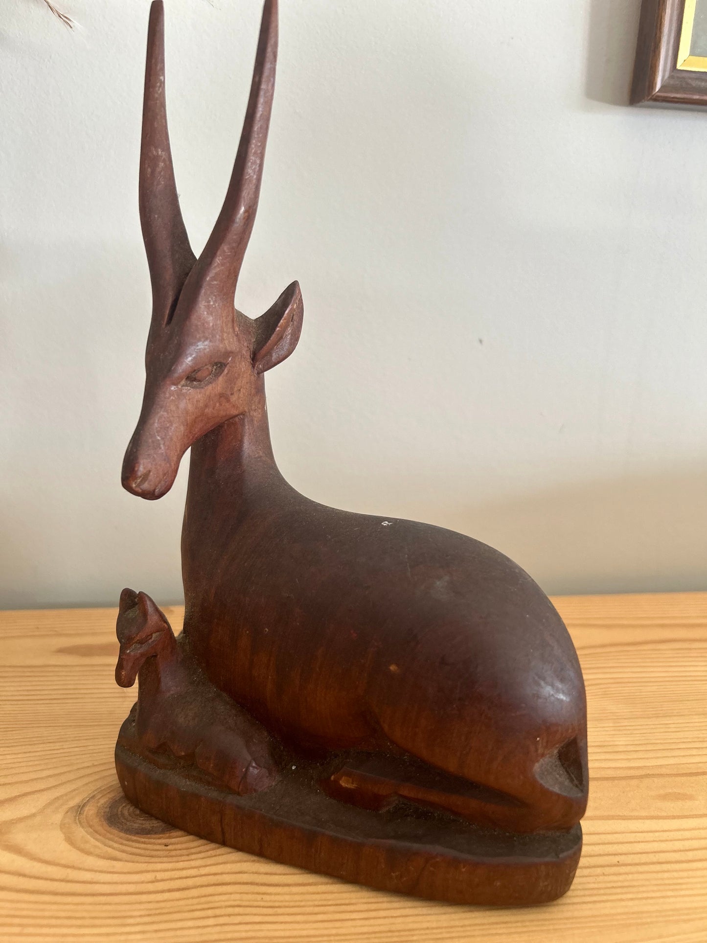 Wooden Stag Gazelle Mother with Baby Figurine